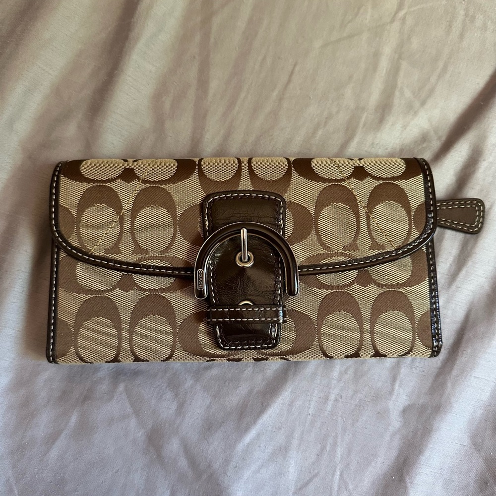 Coach Tan and Brown Signature Buckle Wallet
